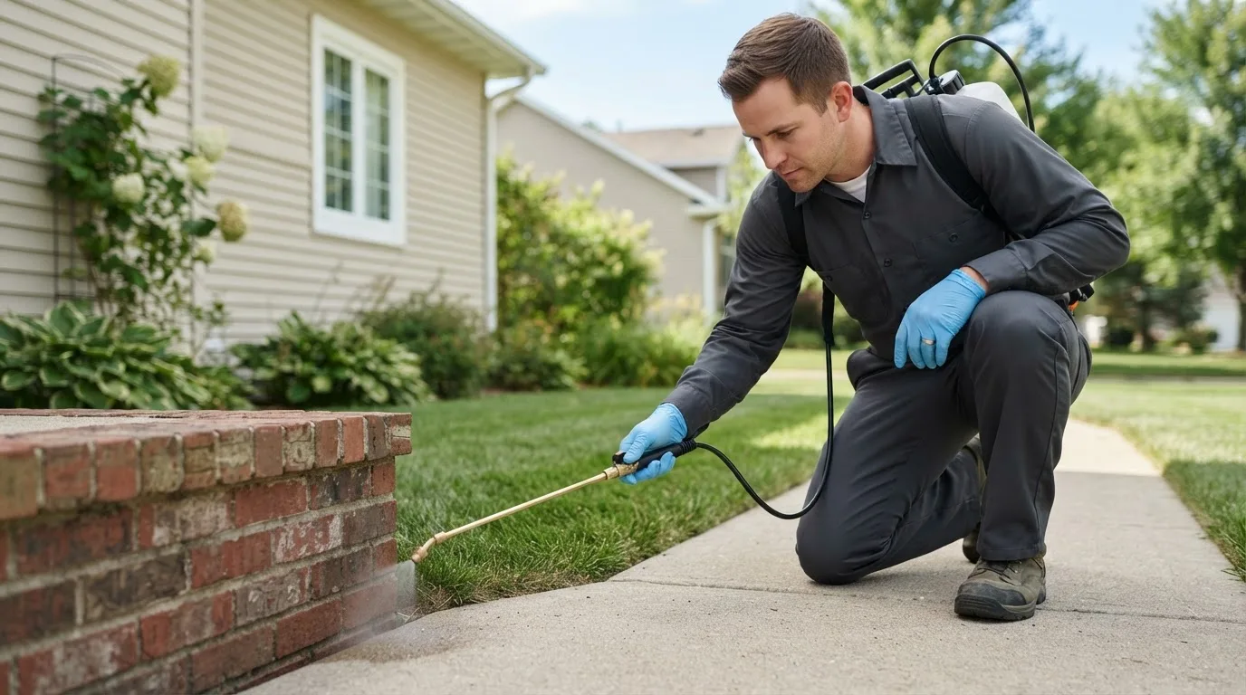 Pest control technician treating a home near Falls Creek, PA