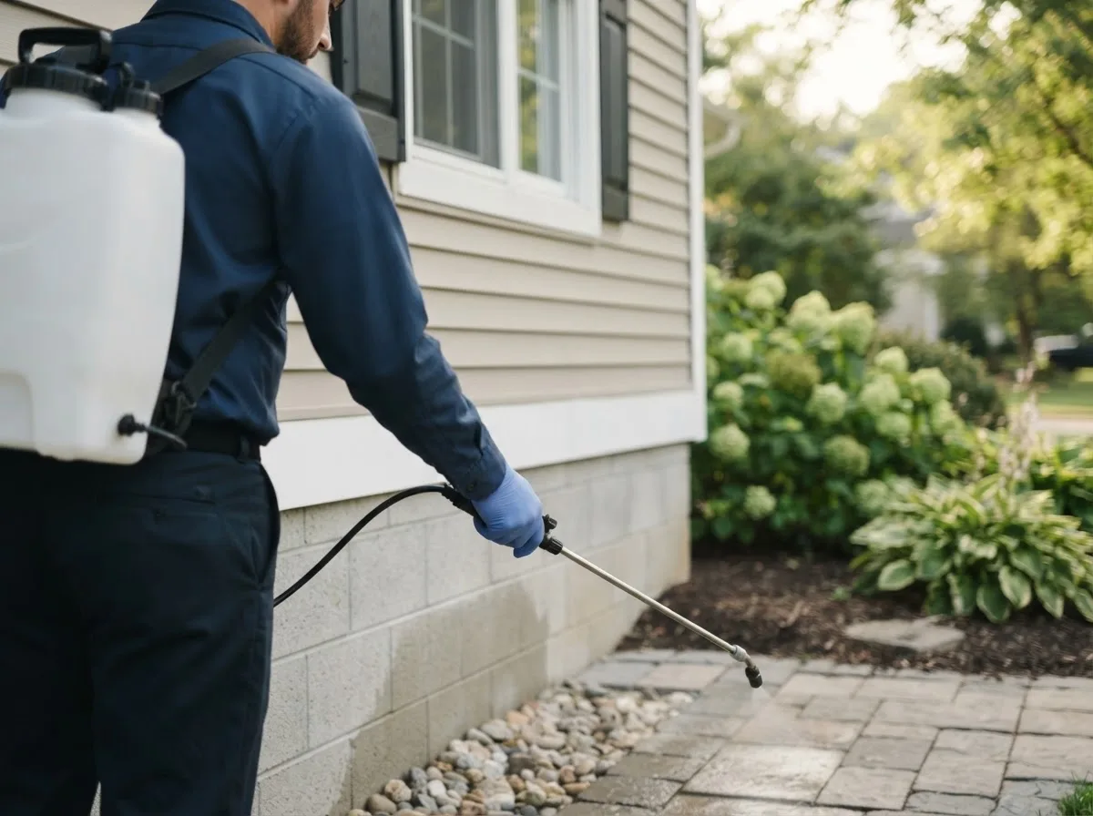 Pest control technician inspecting a home in Falls Creek, PA